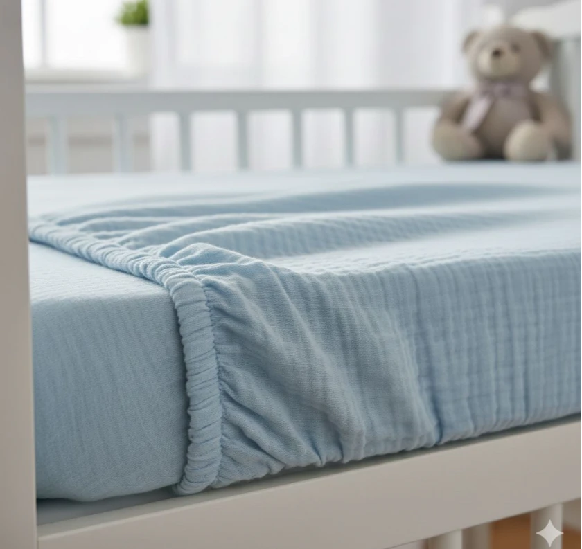 Dětské mušelínové prostěradlo, modré, 60x120+13 cm Prem