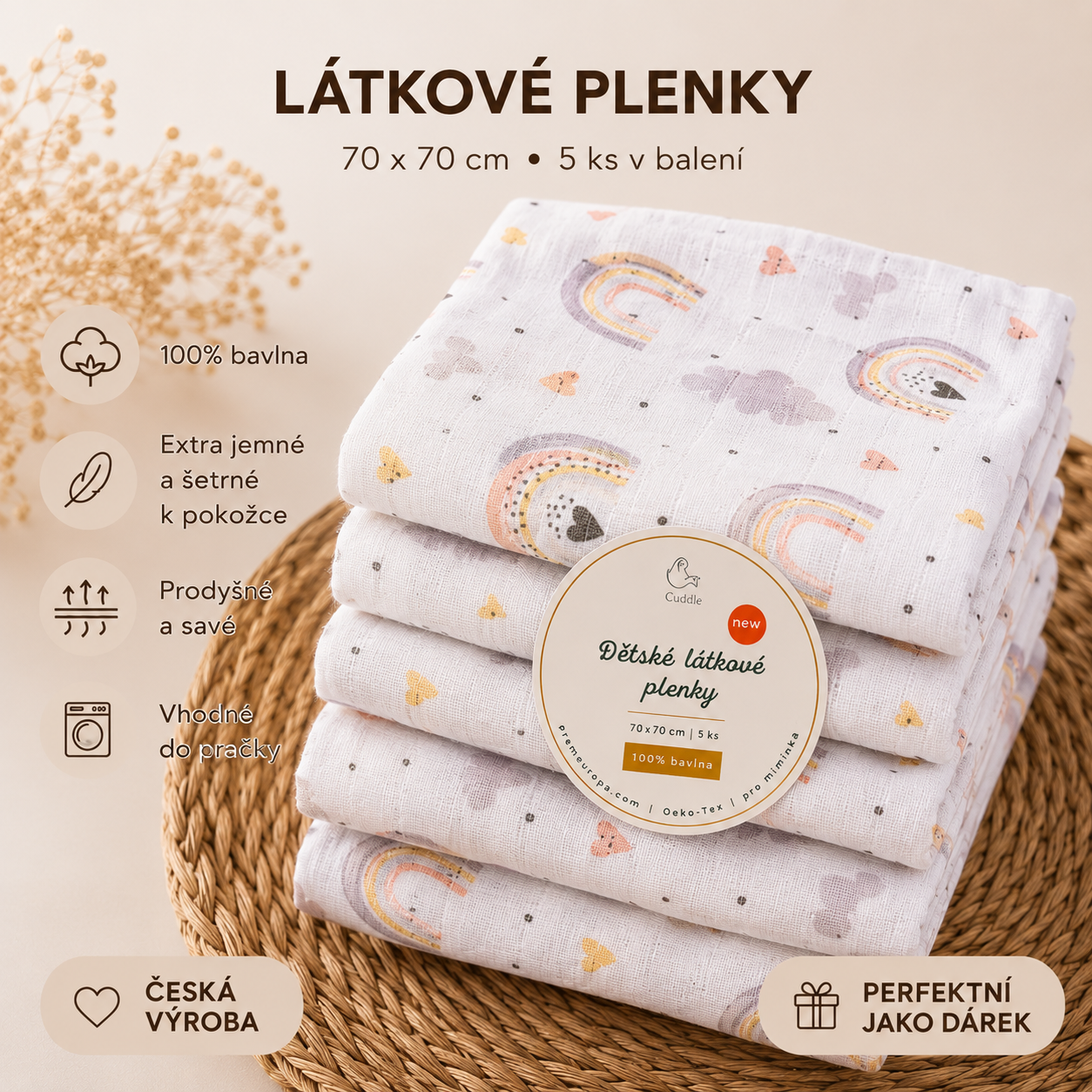 Dětská bavlněná Tetra plenka s potiskem - Tetra Premium, 70x70 cm - duha 5 ks v balení PREM