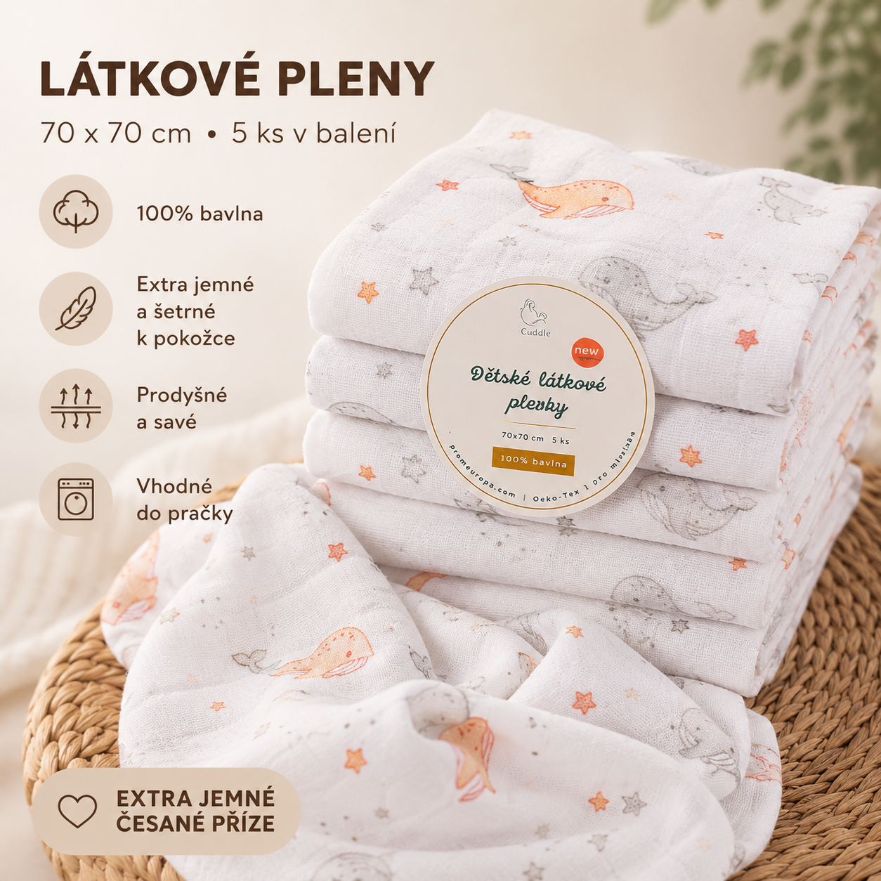 Dětská bavlněná Tetra plenka 70x70 cm s potiskem - velryba apricot 5 ks v balení PREM