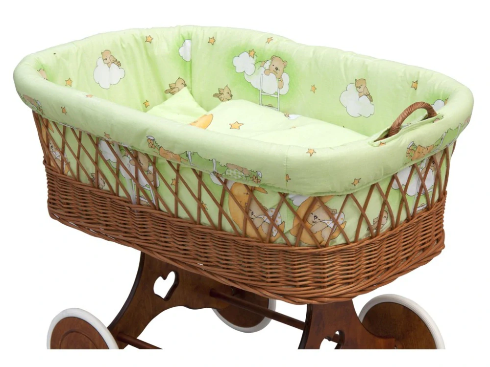 Proutěný košík pro miminko s nebesy Scarlett Mráček - zelená, podvozek srdíčko