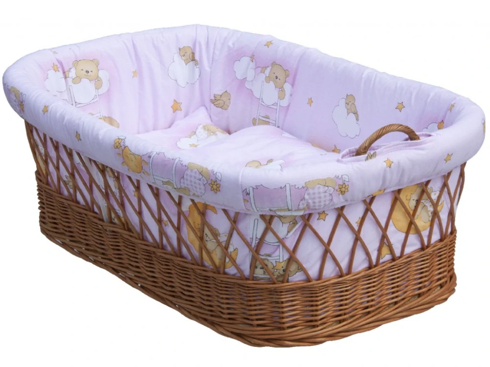 Proutěný košík pro miminko s boudičkou Scarlett Mráček růžová, podvozek srdíčko
