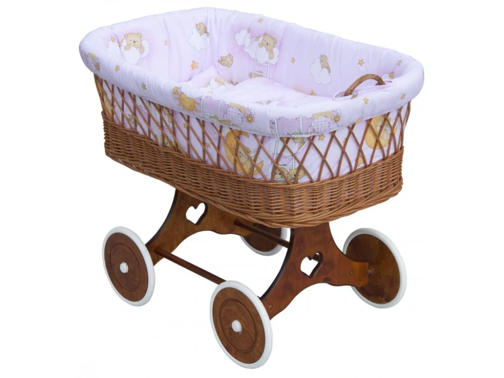Proutěný košík pro miminko s nebesy Scarlett Mráček růžová, podvozek srdíčko