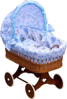 Proutěný košík pro miminko s boudičkou Scarlett Kulíšek - modrá, podvozek srdíčko