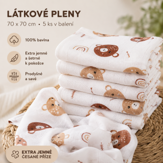Kvalitní látkové bavlněné pleny s potiskem - Tetra Premium, 70x70 cm - méďa 5 ks v balení PREM