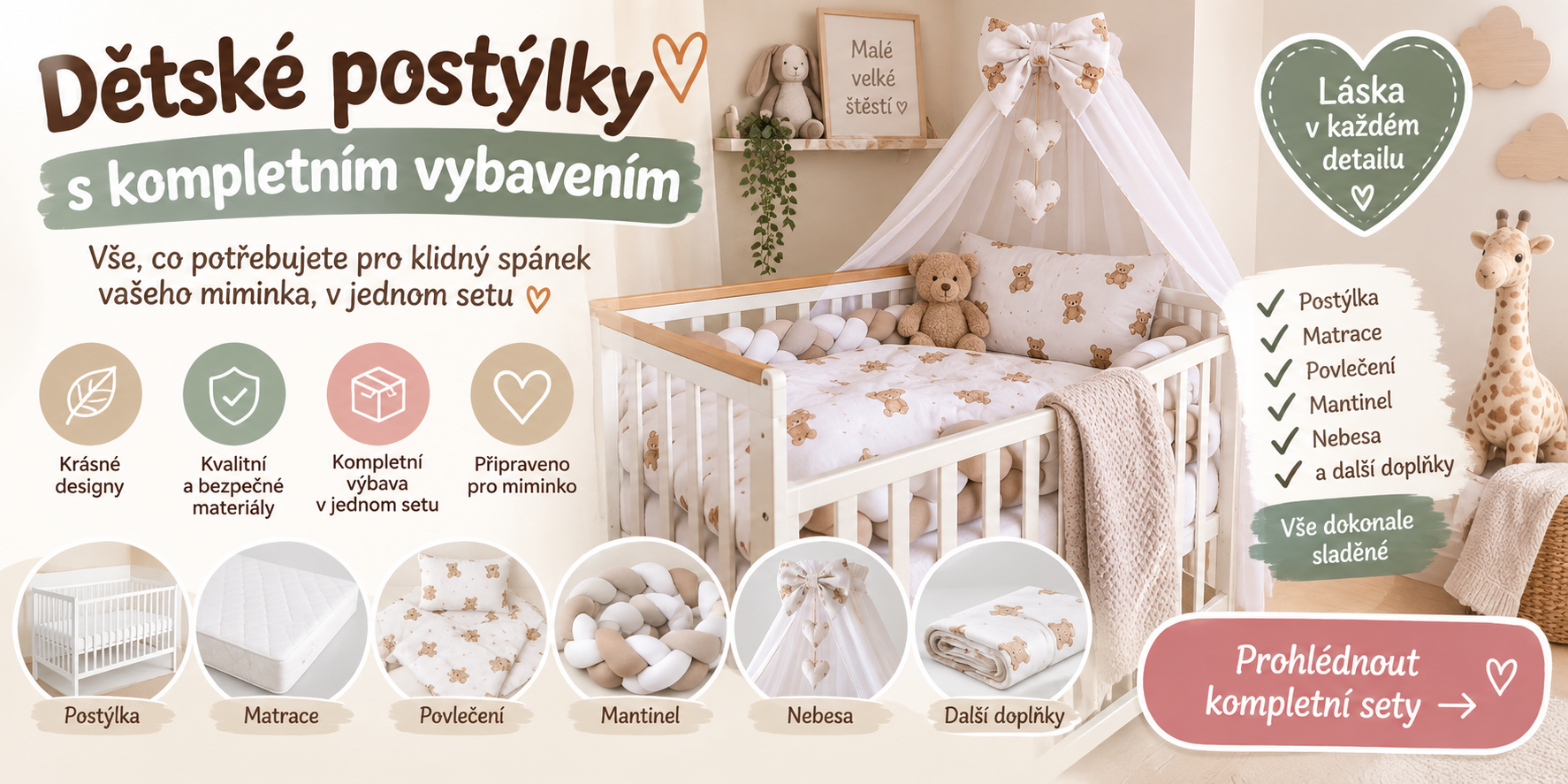 Dětské postýlky s kompletním vybavením – postýlka, matrace, povlečení, mantinel a nebesa | Kukulky.cz